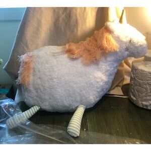 Pillowfort NWT Large Stuffed Unicorn Pillow Plush Gold Horn Green Striped Legs